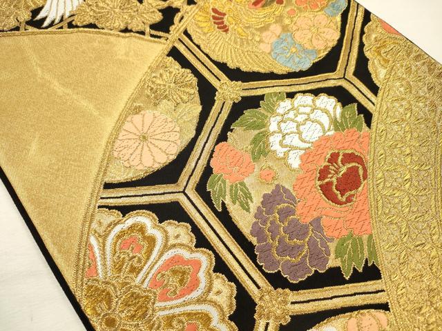 平和屋着物◎六通柄袋帯 唐織 亀甲花鳥文 黒地 金糸 正絹 逸品 DABJ2608ya