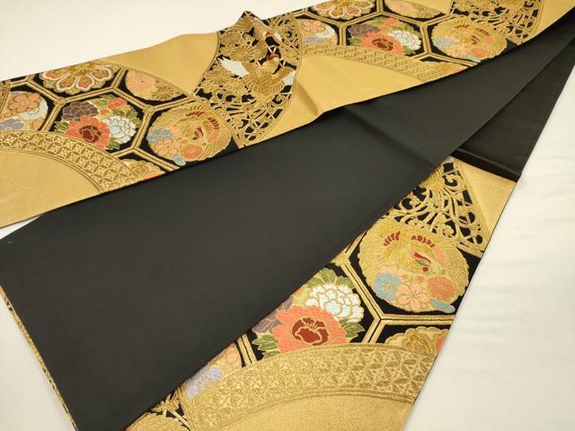 平和屋着物◎六通柄袋帯 唐織 亀甲花鳥文 黒地 金糸 正絹 逸品 DABJ2608ya