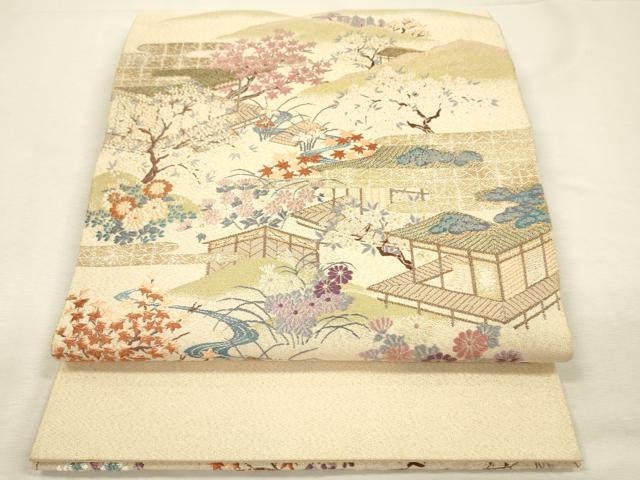 平和屋着物◎綴れ 太鼓柄袋帯 唐織 風景花文 金糸 正絹 逸品 DABJ2610ya