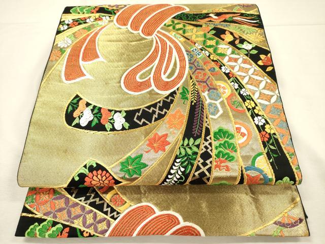 平和屋着物◎六通柄袋帯 唐織 束ね熨斗花鳥文 黒地 金糸 正絹 逸品 DABJ2611ya