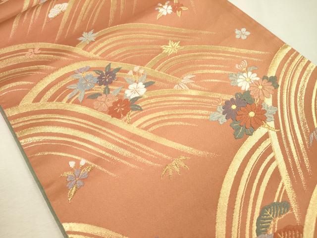 平和屋着物◎六通柄袋帯 唐織 立波花文 金糸 正絹 逸品 DABJ2615ya