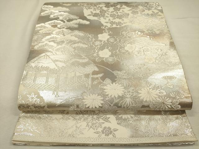 平和屋着物◎西陣 服部織物謹製 六通柄袋帯 風景花松文 こはく錦 手工芸 銀糸 正絹 逸品 DABJ2666ya
