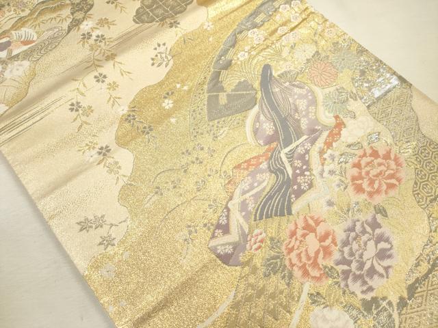 平和屋着物◎六通柄袋帯 人物花文 鴛鴦 プラチナ二重箔 正絹 逸品 DABJ2667ya