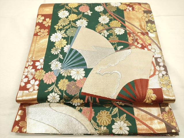 平和屋着物◎六通柄袋帯 唐織 扇面花文 金銀糸 正絹 逸品 DABJ2693ya
