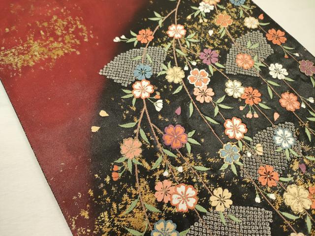 平和屋着物◎六通柄袋帯 唐織 舞扇枝垂桜模様 黒地 金糸 引箔 正絹 逸品 DABJ2697ya