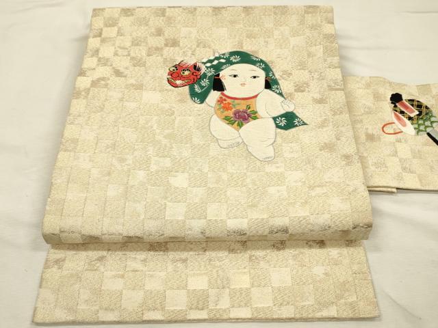 平和屋着物◎九寸名古屋帯 総刺繍 童子 獅子舞 金糸 正絹 逸品 DABJ2718ya