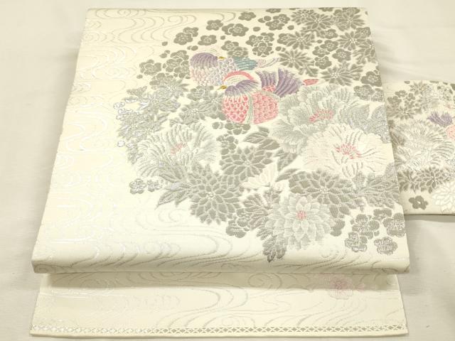 平和屋着物◎九寸名古屋帯 唐織 流水鴛鴦花文 プラチナ箔 正絹 逸品 DABJ2724ya