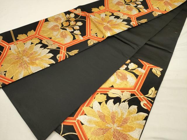 平和屋着物◎六通柄袋帯 唐織 亀甲花文 黒地 金銀糸 正絹 逸品 DABJ2748ya