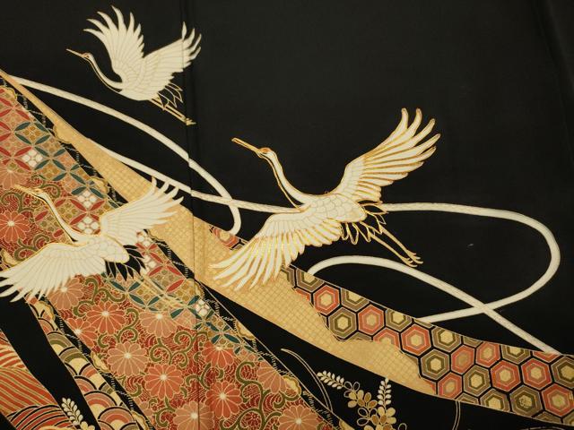 平和屋着物■豪華黒留袖 駒刺繍 飛鶴花熨斗文 金彩 正絹 逸品 DABJ2778ya