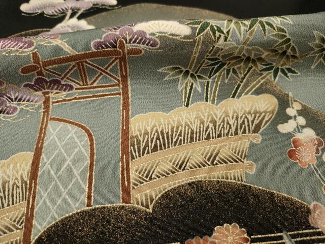 平和屋着物■豪華黒留袖 駒刺繍 風景花文 松竹梅 金彩 正絹 逸品 DABJ2785ya
