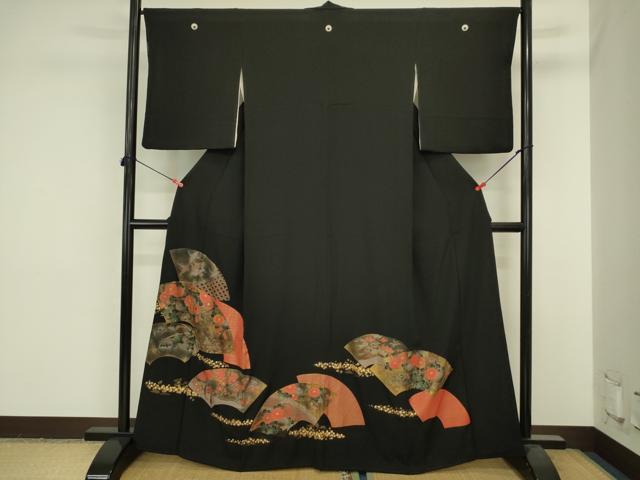 平和屋着物■豪華黒留袖 地紙飛鶴花文 金銀彩 正絹 逸品 DABJ2824ya