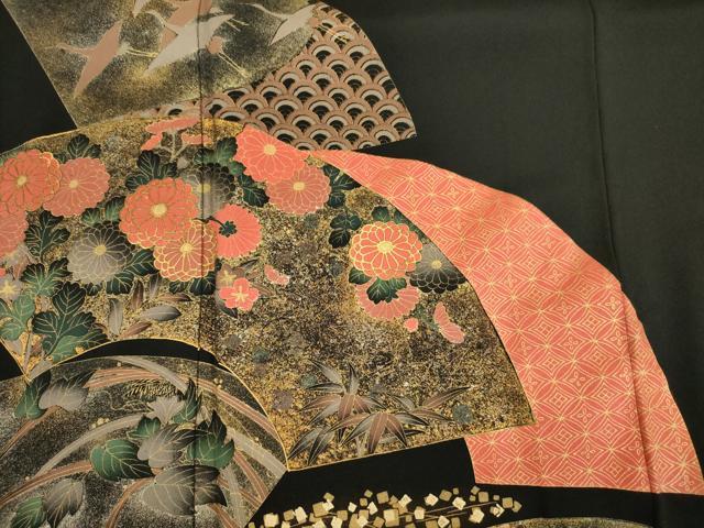 平和屋着物■豪華黒留袖 地紙飛鶴花文 金銀彩 正絹 逸品 DABJ2824ya