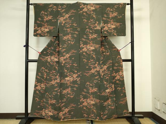 平和屋着物■上質な小紋 型染め 風景花文 鬼しぼ縮緬 正絹 逸品 DABJ2860ya