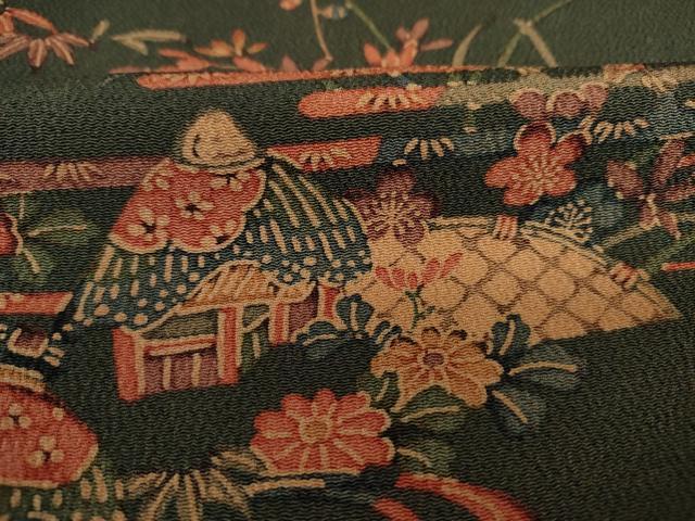 平和屋着物■上質な小紋 型染め 風景花文 鬼しぼ縮緬 正絹 逸品 DABJ2860ya