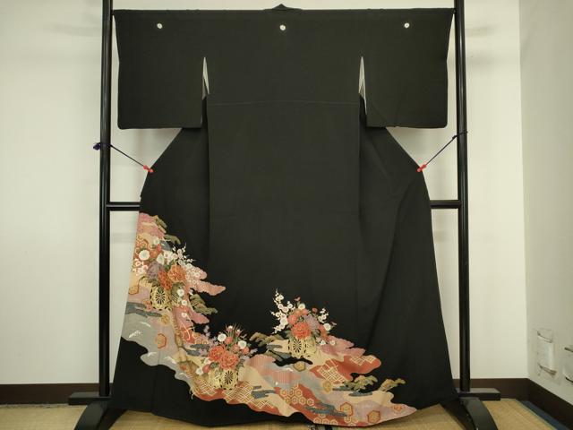 平和屋着物■豪華黒留袖 駒刺繍 花車文 金彩 正絹 逸品 DABJ2869ya