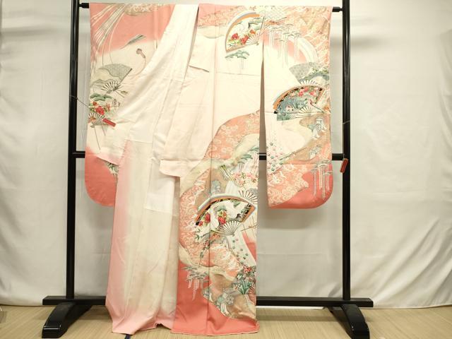平和屋着物■豪華振袖 扇面飛鶴花松文 鴛鴦 暈し染め 金彩 正絹 逸品 DABJ2929ya