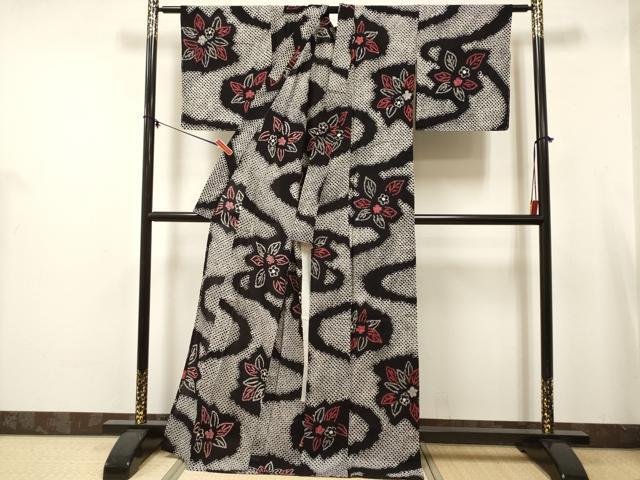 平和屋着物∴夏物 浴衣 有松鳴海絞り 舞花文 黒地 ロング丈 綿 逸品 DABJ3112ea