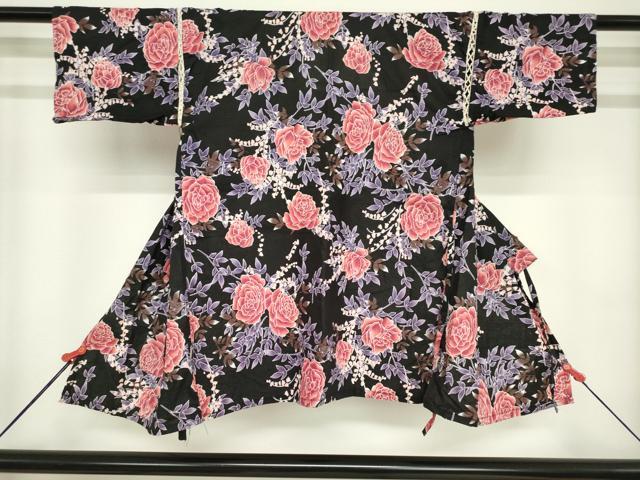 平和屋着物*夏物 甚平 上下セット 女の子 子供 薔薇 バラ 黒地 ポケット付き 綿 DABJ3171ea