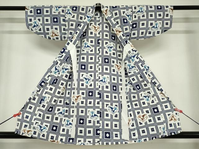 平和屋着物*夏物 浴衣 男の子 子供 注染 井桁格子 ヘリコプター 綿 逸品 DABJ3176ea