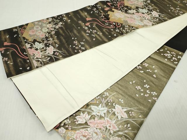 平和屋着物◎六通柄袋帯 唐織 花筏文 金糸 正絹 逸品 DABJ3455ea