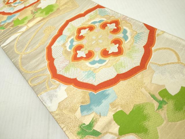 平和屋着物◎六通柄袋帯 唐織 扇面花絵皿文 金銀糸 正絹 逸品 DABJ3465ea