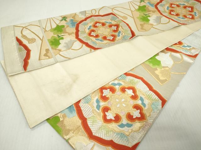 平和屋着物◎六通柄袋帯 唐織 扇面花絵皿文 金銀糸 正絹 逸品 DABJ3465ea