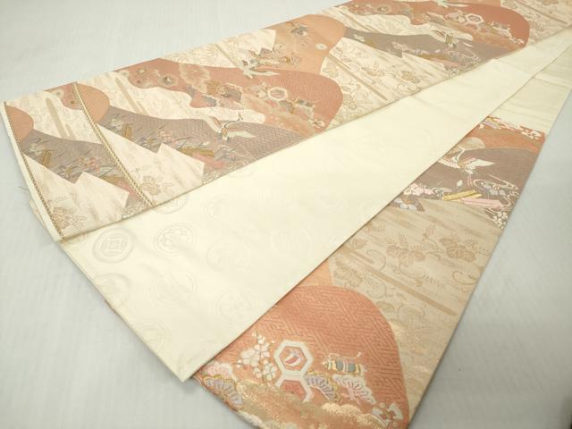 平和屋着物◎六通柄袋帯 唐織 重ね山飛鶴花松文 金糸 正絹 逸品 DABJ3509ea