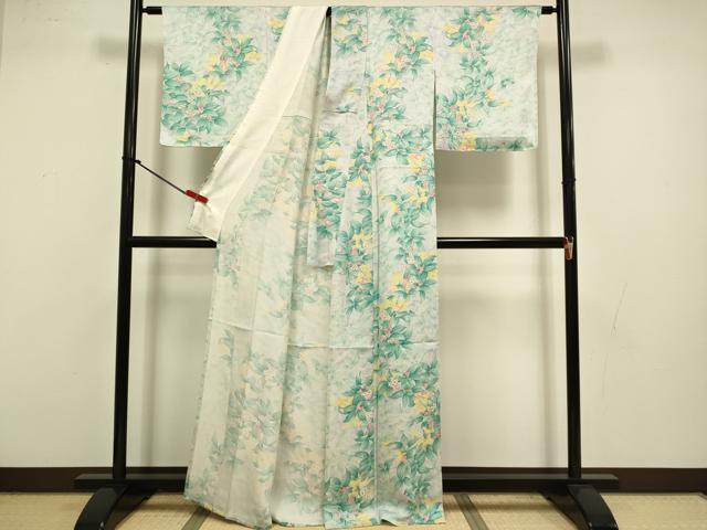 平和屋着物▽上質な小紋 単衣 手描き 枝花文 正絹 逸品 未使用 DABJ3530du