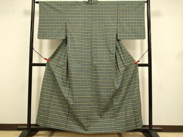 平和屋着物▽上質な紬 単衣 格子 正絹 逸品 DABJ3541du