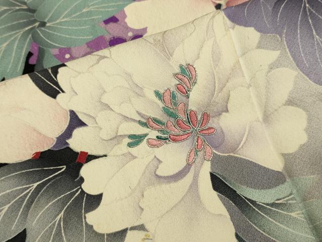 平和屋着物▽豪華振袖 単衣 刺繍 草花文 暈し染め 黒地 銀彩 正絹 逸品 DABJ3577du