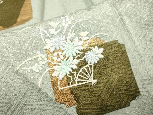 平和屋着物▽訪問着 単衣 刺繍 破れ色紙扇花文 金彩 正絹 逸品 DABJ3606du