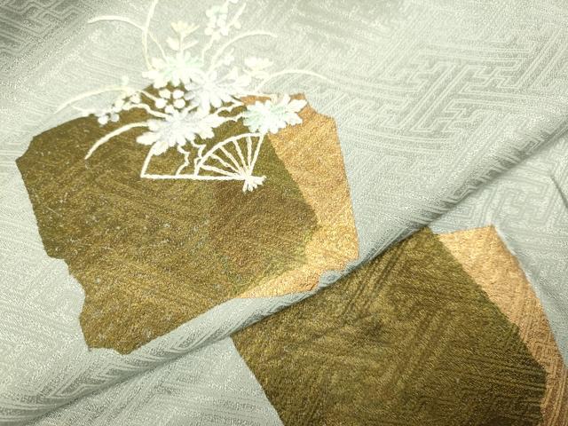 平和屋着物▽訪問着 単衣 刺繍 破れ色紙扇花文 金彩 正絹 逸品 DABJ3606du