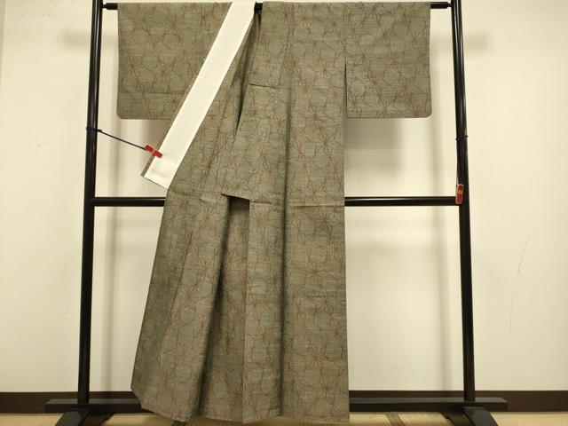 平和屋着物▽京都の和装業の老舗一門 千切屋 紬 倭文幡織 単衣 麻の葉文様 証紙付き 正絹 逸品 DABJ3621du