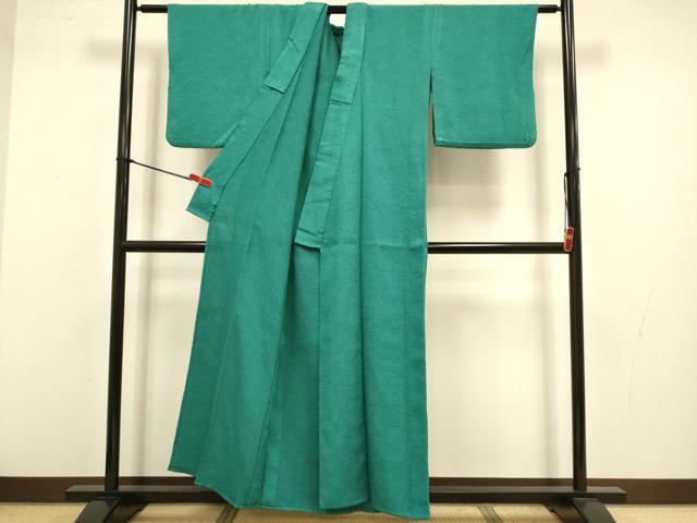平和屋着物▽色無地 単衣 切嵌地紋 濃い青緑色 洗える着物 DABJ3638du