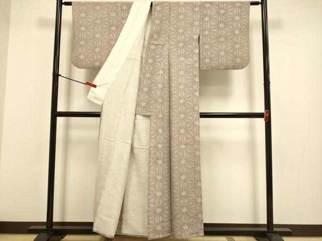 平和屋着物▽上質な小紋 単衣 紬地 麻の葉文様 正絹 逸品 DABJ3648du