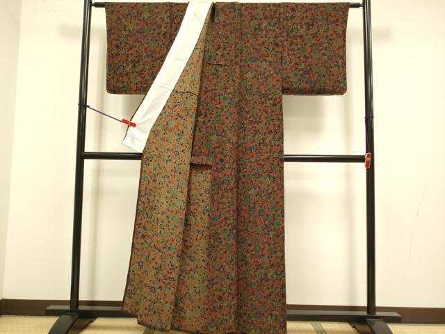 平和屋着物▽上質な小紋 単衣 更紗花文 鬼しぼ縮緬 正絹 逸品 未使用 DABJ3677du