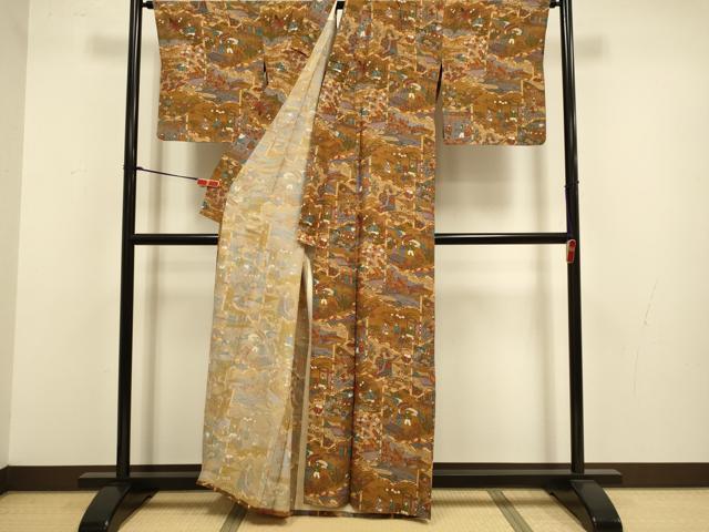 平和屋着物▽小紋 単衣 人物風景文 洗える着物 DABJ3688du