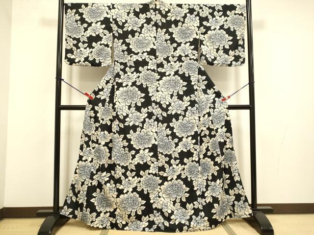 平和屋着物▽小紋 単衣 牡丹文 黒地 洗える着物 DABJ3709du