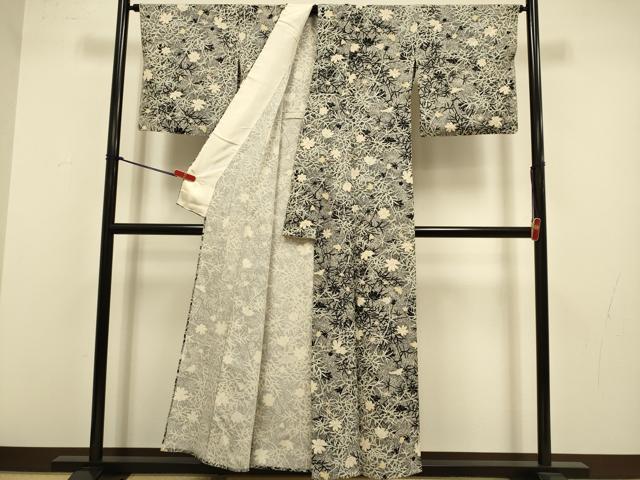 平和屋着物▽上質な小紋 単衣 草花文 たたき染め 金彩 正絹 逸品 DABJ3720du