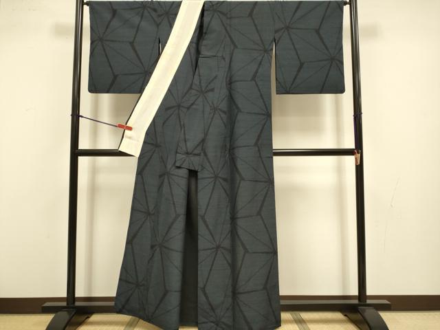 平和屋着物▽結城紬 単衣 80亀甲 麻の葉文様 正絹 逸品 DABJ3742du