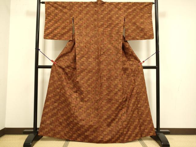 平和屋着物▽上質な紬 単衣 幾何学文様 正絹 逸品 DABJ3762du