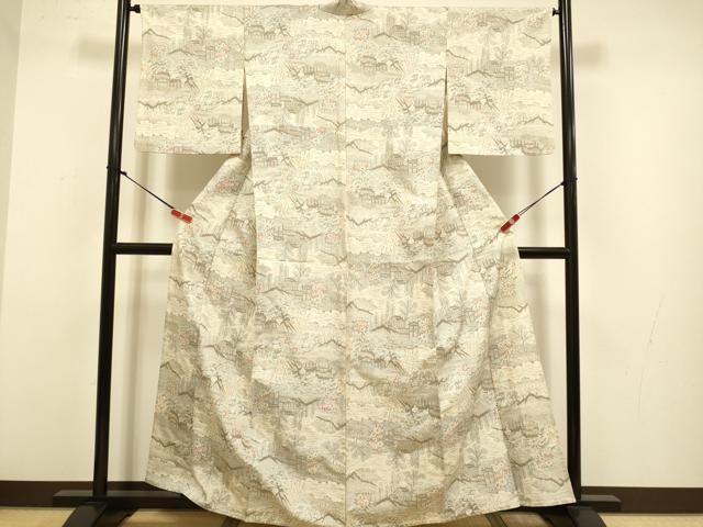 平和屋着物▽上質な紬 単衣 風景花文 正絹 逸品 DABJ3763du