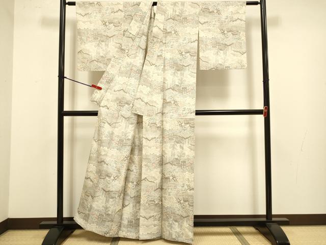 平和屋着物▽上質な紬 単衣 風景花文 正絹 逸品 DABJ3763du