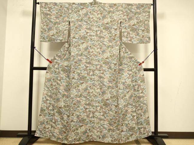 平和屋着物▽上質な小紋 単衣 名所偶景文 鬼しぼ縮緬 正絹 逸品 DABJ3786du