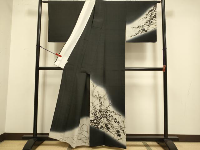 平和屋着物▽絵師 津守順 訪問着 単衣 生紬 手描き 月兎 黒地 金彩 正絹 逸品 DABJ3787du