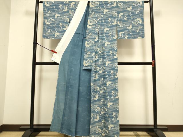平和屋着物▽人間国宝・松原定吉の後継者 松原興七 長坂中形 本藍染 玉藍染 小紋 単衣 舞蝶枝葉文 反端付き 正絹 逸品 DABJ3814du