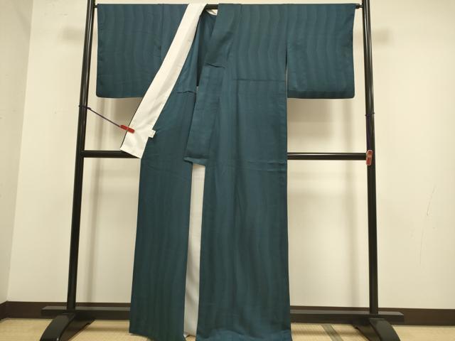 平和屋着物▽BANKAN わものや ファッションデザイナー コシノジュンコ 色無地 単衣 緞子織 JKネイビー 褐返色 反端付き 逸品 DABJ3827du