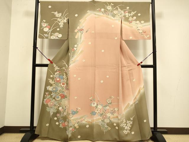 平和屋着物▽訪問着 単衣 草花文 暈し染め 金彩 正絹 逸品 DABJ3832du