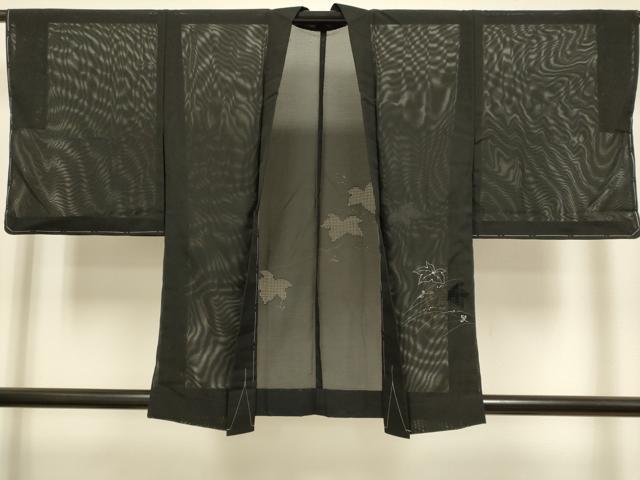 平和屋着物▽羽織 スリーシーズン 春夏秋 塵除け 草葉文 黒地 正絹 逸品 未使用 DABJ3867du