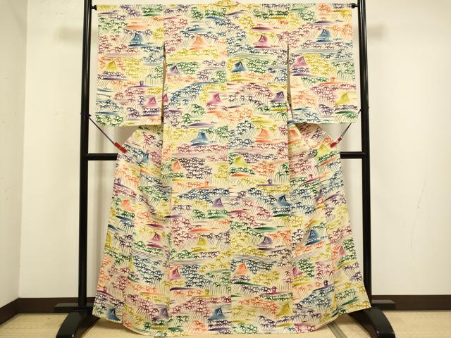 平和屋着物▽上質な小紋 単衣 型染 風景笹文 正絹 逸品 DABJ3873du
